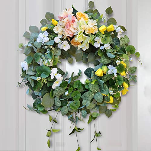 Wanna-Cul 24 Inch Spring Hydrangea Floral Wreath For Front Door With Yellow Tulip And Rose Flower Or Home Decor #TOP2