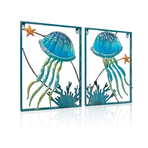 LIFFY Metal Jellyfish Wall Decor with Frame-Outdoor Wall Art,Jellyfish Wall Decor with LED Fairy Light,Glass Art Wall Sculpture, Wall Decor for Pool,Beach Wall Hanging, Home Gifts(2pcs, Blue)
