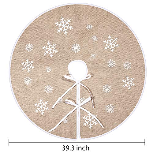 Tatuo Weihnachtsbaum Rock Weiße Schneeflocke Gedruckt Sackleinen Baum Röcke Base Abdeckung für Weihnachten Weihnachtsfeiertag Dekorationen (100 cm) - Image 3