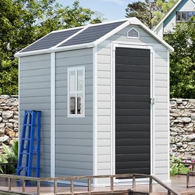 CDCASA 6x4 FT Resin Shed, Waterproof Outdoor Storage Shed with Floor & Lockable Door & Window & Vents, Plastic Tool Shed for Outside, Patio, Poolside, Dove Grey