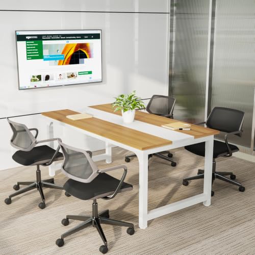 Image of Tribesigns Modern Computer Desk, 63 x 31.5 inch Large Office Desk Computer Table Study Writing Desk Workstation for Home Office, Light Walnut /White