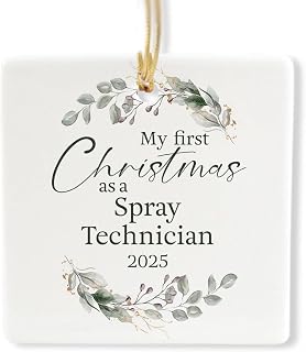 My First Christmas as a Spray Technician 2025 Ornament - Square Ceramic Keepsake, Coworker Coating Specialist Employee Paint Gifts for New Job or Graduate, Holiday Tree Decoration