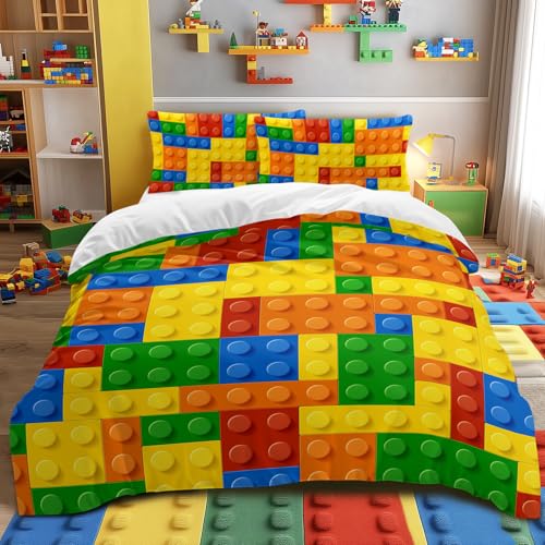 BlessLiving Full Building Blocks Duvet Cover - Soft Colorful Geometric Brick Bedding Set for Boys Girls Teens, Includes 2 Pillowcases (Yellow/Orange/Green)