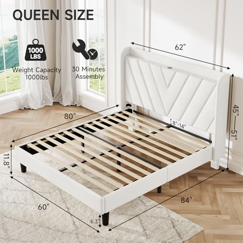 Image of koorlian Queen Bed Frame with Headboard, Adjustable Upholstered Platform Bed Frame with Type-C&USB Ports, Wingback Storage Headboard, Solid Wood Slats Support, No Box Spring Needed, White