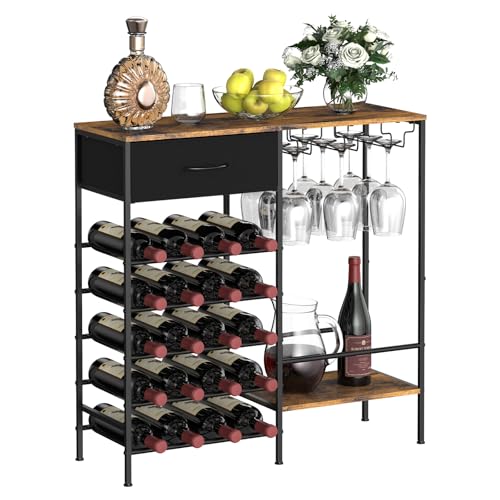 MOOACE Wine Rack Freestanding Floor, Wine Bar Cabinet with Wine Storage and Glass Holder, Mini Home Bar for Liquor Cabinet, Coffee Bar Storage for Kitchen, Dining Room, Living Room