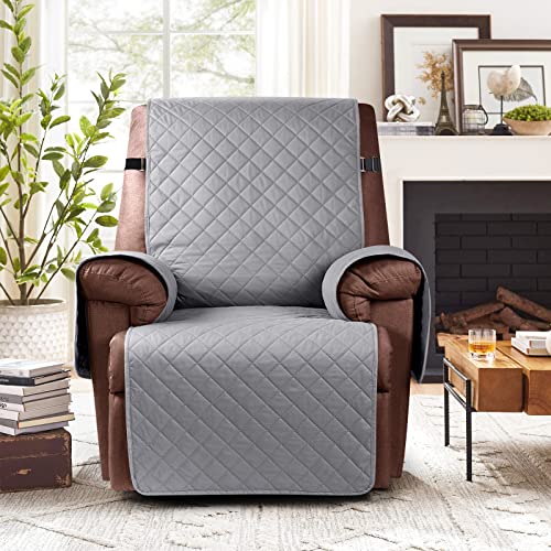 Image of KinCam Water Resistant Recliner Chair Cover, Reclining Couch Covers for Pets, Dogs, Recliner Couch Slipcover Furniture Protector with Elastic Straps for Kids, Light Gray