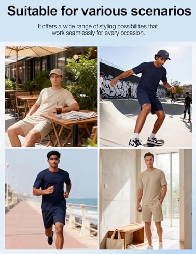 Image of Venzina Men's Waffle-Knit T-Shirt & Shorts Set Breathable Stretchable Lounge Wear Loose Fit Night Suit for Home, Travel