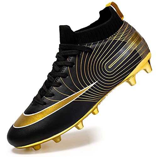 IFIKK Ultraleichte hohe Knöchel Fußballschuhe im Freien rutschfeste Lange Spikes Fußballtrainer Jungen Fußballschuh Turnschuh Herren-Fußballschuhe (schwarzes Gold,39) Cover