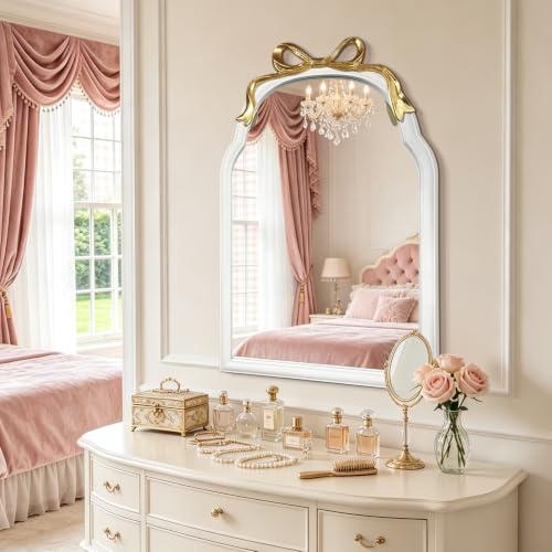 Image of 28x28 inch Bow Mirrors for Wall, Round /Circle God Decorative Wall Mounted Mirror, Irregular Mirrors Suitable for Bedroom, Hallway, Living Room Decoration, Nursery, Girls Room (Arch White 36 inchLX24 inchW)