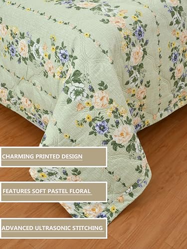 Image of IVAZA Luxury Ultrasonic Punch AC Comforter Blanket - Quilted Microfiber Floral Pattern, Lightweight Breathable All‑Season Blanket for Bedroom, Travel (Singled Bed,228x152 CM) (Light Pastel Green)