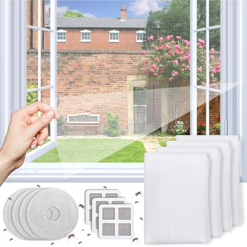 Moustiquaire Fenêtre Écran, Lot de 4 Moustiquaire Fenêtres Découpable,Filet Écran Insecte, Amélioré Moustiquaire Anti Insectes Mouches avec 4 Réparation de moustiquaires Maille Ecran (150 x 130 CM)