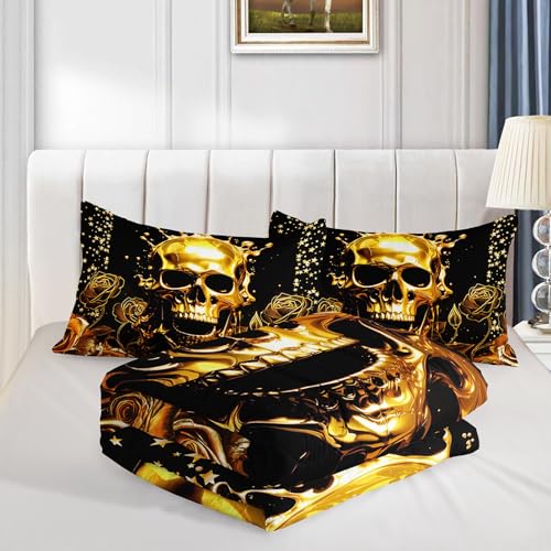 Image of QOOMO Skull Print Kids Bedding Set,Golden Flowers Comforter Set Queen Size for Boys Girls Teen Room Decorat,Soft Lightweight Bed Set All Season,1 Comforter 2 Pillowcases