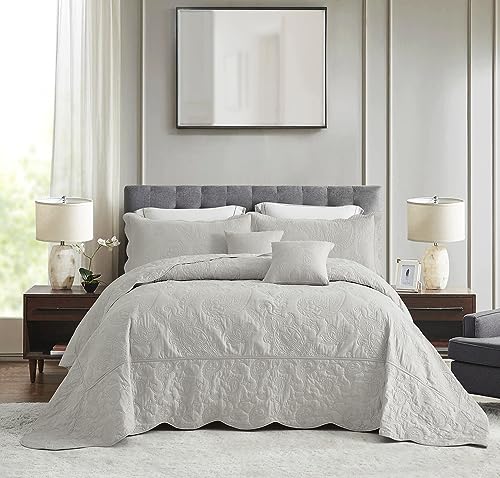 Image of Oversized King Bedspread 128x120 Extra Wide, Stitched Paisley Cotton Quilt Set King /Cal King, Lightweight Reversible Coverlet, Scalloped Edge - Modern Classic Look, 5 Piece, Grey