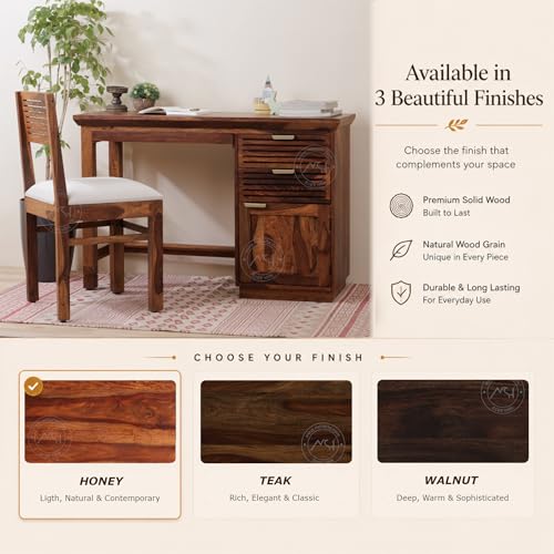Image of NSH Solid Sheesham Wood Study Table with Chair | Wooden Writing Desk with Drawer & Door Storage | Pre-Assembled Computer Desk Workstation for Home Office & Study Room | Honey Finish