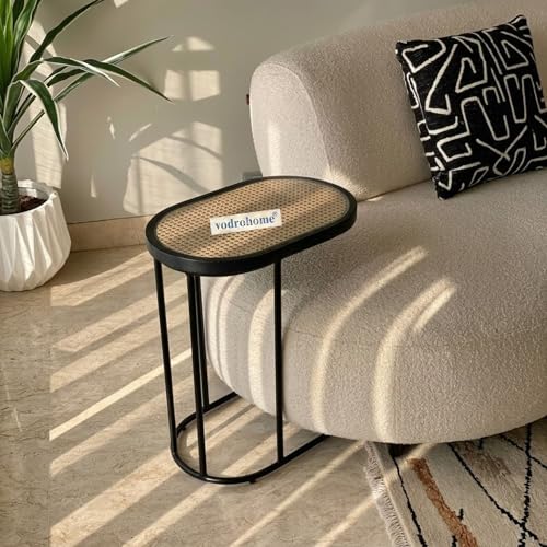 Image of Charcoal Rattan Cane Side Table with Glass top - Bohemian Solid Mango Wood Cane Iron Sofa Side end Table - Wood and Cane Nesting Table S#047 (Charcoal Black 1)