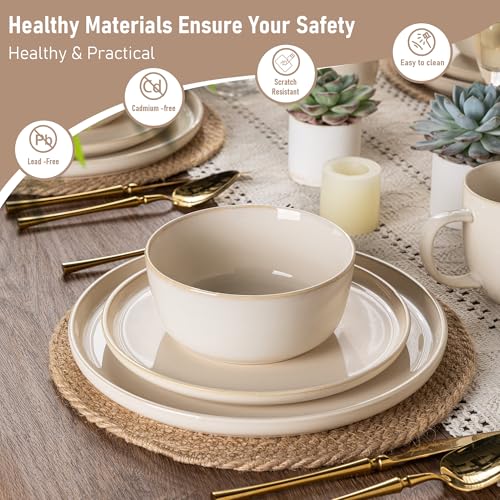 Image of GBHOME Dinnerware Sets for 4, 12 Pieces Stoneware Plates and Bowls Sets, Scratch Resistant Dishes, Dishwasher & Microwave Safe, Reactive Glaze-Vanilla color