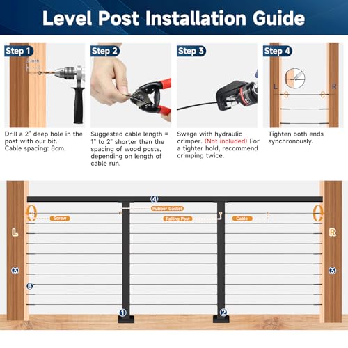 Image of 36 inch Black Cable Railing Post, T304 Stainless Steel Level Drilled Railing Post with Black 1 /8 inch Cable, Surface Mount Powder-Coated Railing Post for Indoor Outdoor Deck Fence Porch System
