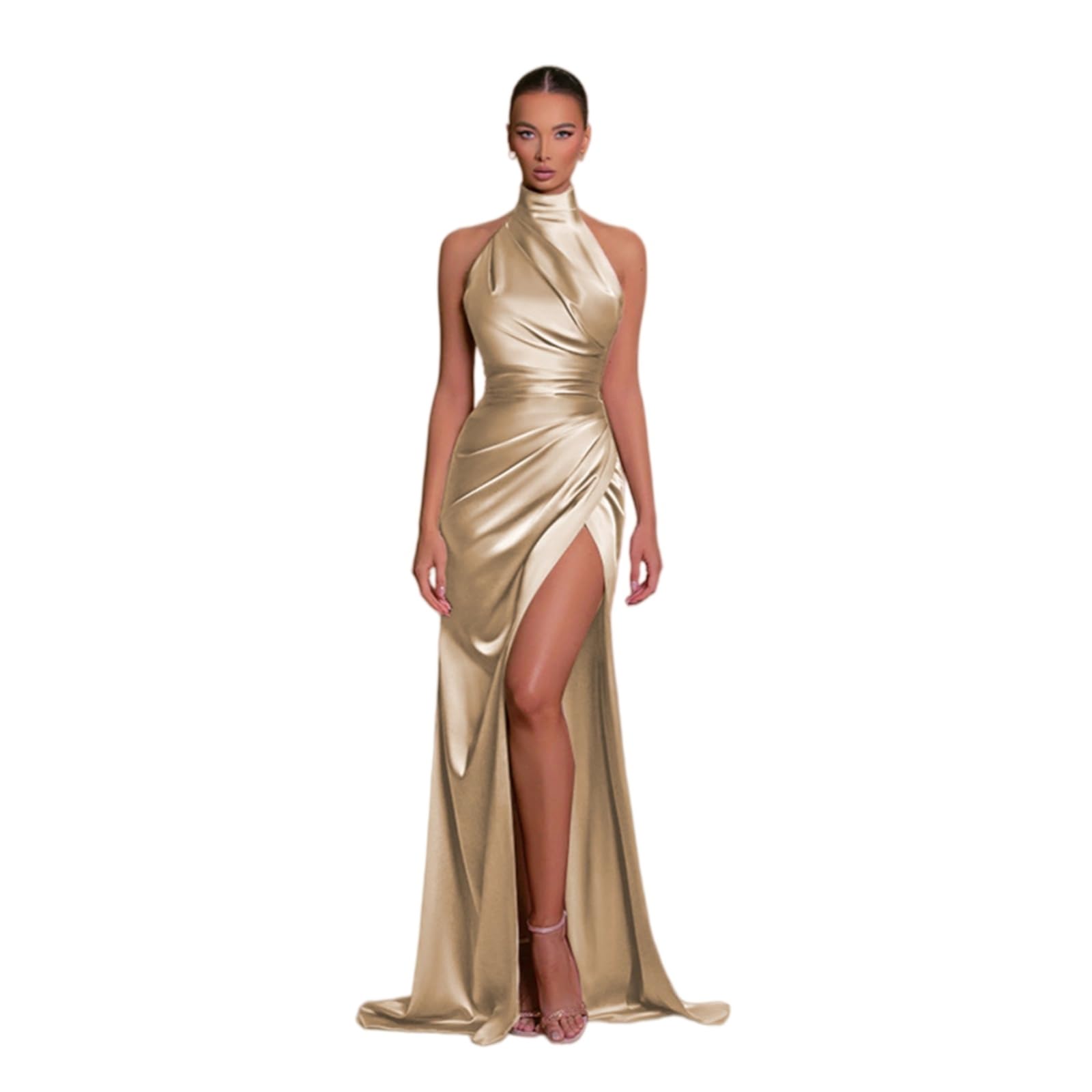 Vestito Elegante Donna Raso Maxi Abito Halter Collo Schienale Laterale Fessura da Sera per Cocktail Party-Champagne-XL
