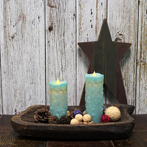 Image of CVHOMEDECO. Real Wax Hand Dipped Battery Operated LED Pillar Candles with Remote Control, Primitives Country Flickering Dancing Flame Lights Decor, H 6 & 5 Inch, Set of 2 (Teal) | Hand Dipped, Battery Operated, Flickering Dancing Flame, H 6 & 5 Inch, Primitives Country Decor