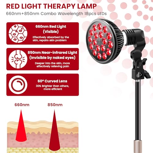 Image of wolezek Red Light Therapy Lamp, 660nm Red and 850nm Near Infrared LED | 18 LEDs with 60 Beam Angle, E26 Base, Aluminum Desk Stand 10-16.5in, Simple On /Off Switch, for Face & Body Care at Home