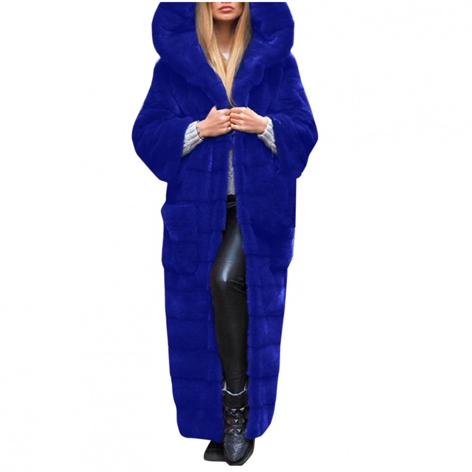 Kanpola, cappotto da donna in pelliccia sintetica, lungo, in finta pelliccia, per autunno e inverno, caldo, con cappuccio, elegante giacca invernale con tasca, Blu, XL