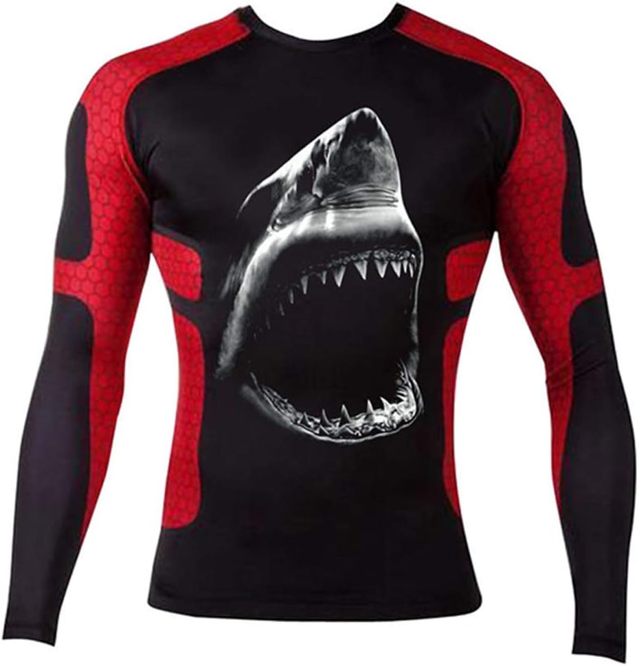 Men Print Boxing Tee Cool Dry Compression Baselayer Jaws White Shark Tshirt Athletic UPF 50+ Workout Fitness Muscle Tops