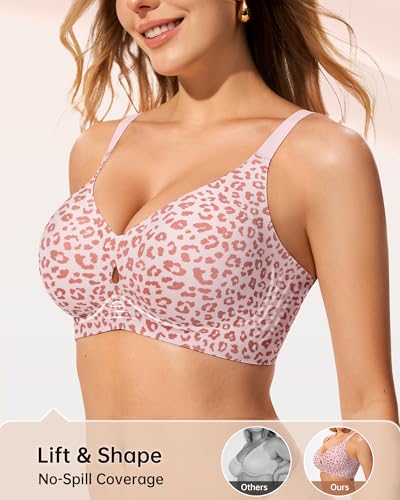 LetsJoli Jelly Bras for Women No Underwire Wireless Bras Seamless Push Up Adjustable Comfort Lounge Sleep Tshirt Bras (Leopard Pink L) — view 3