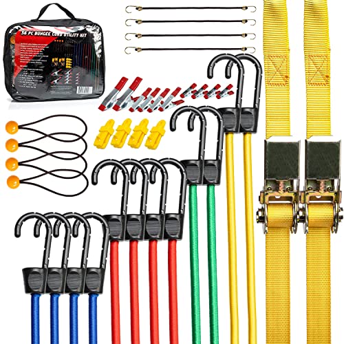 TOOLUXE 50888L Bungee Cords Kit, 36pc Assorted Bungee Cord Hooks Set, Large & Small Loop Rope with Hooks, Outdoor Canopy Ties, Ratcheting Straps, Steel Spring Clamps, Plastic Alligator Tarp Clips
