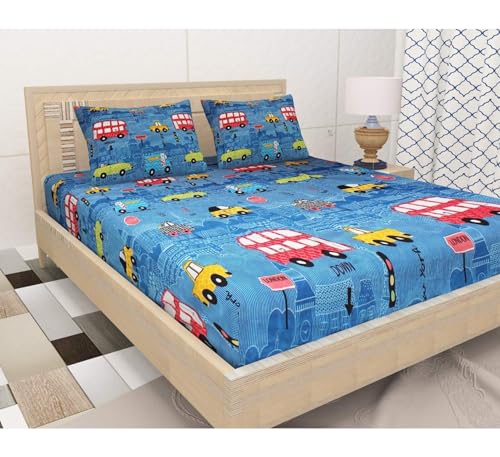 Image of Combo Pack of 2 Elastic Fitted Bedsheet 1 for Double Bed and 1 for Single Bed of Same Print 200TC(CAR Blue)