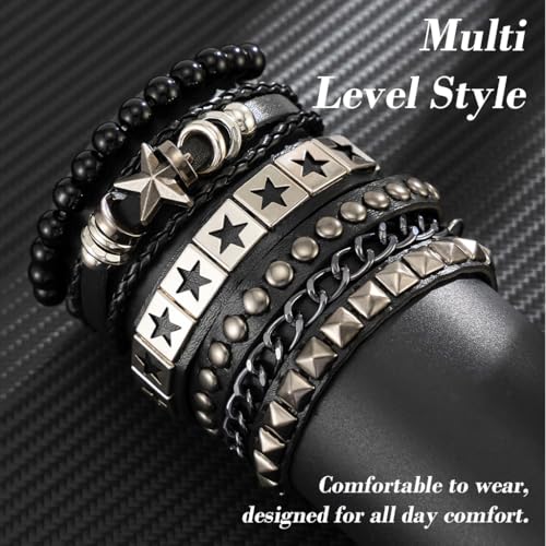 Image of GUSTAVE Bracelet for Man Punk Rock Studded Bracelets Black Leather Cuff Bracelet for Men Women Adjustable Goth Bracelets 80s Retro Style Wristband Halloween Party Accessories