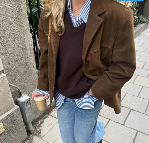 Brown Suede Jacket Women - Y2K Faux Suede Blazer Coat Vintage Aesthetics Old Money Oversized Outerwear4