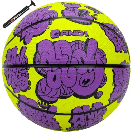AND1 Toss Up 28.5 Basketball - Intermediate Rubber Streetball for Indoor/Outdoor Play, Includes Pump, Size 6