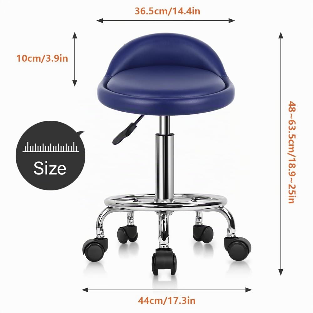 KKTONER Sgabello rotondo in ecopelle con schienale regolabile girevole per lavori di progettazione SPA con ruote colore blu navy