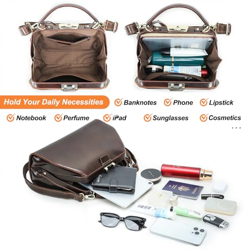 Image of CONTACTS Doctor Bag Purse for Women Luxury Leather Handbag with Lock Shoulder Bag Vintage Top Handle Bag