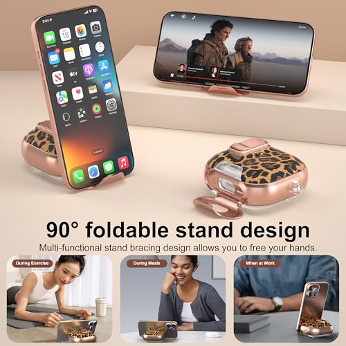 Image of for AirPods 4 Case 2025 with Safety Lock & Foldable Phone Stand, Leopard | Double Drop Protection,Two-Piece Design, Airpod 4 Case with Keychain & Cleaner Kit, Support Wireless Charging, Shockproof