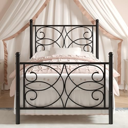 VECELO Twin Size Metal Platform Bed Frame with headboard and Footboard, Heavy Duty Mattress Foundation, Steel Slat Support, No Box Spring Needed, Easy Assembly, Black