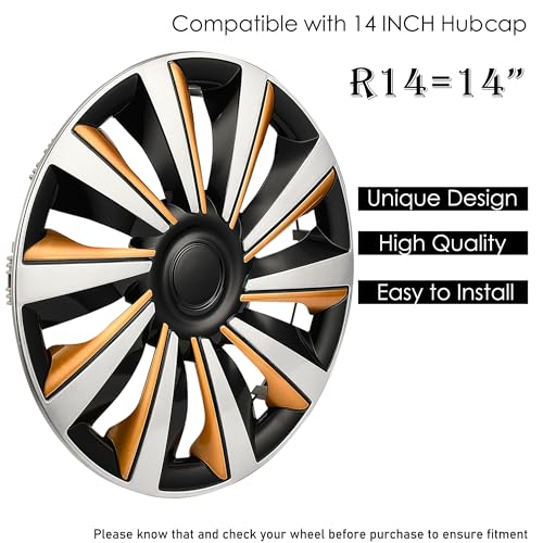 Image of Silver with Gold Hubcap Wheel Cover Replacement Kit 14 inch Hub Caps Wheel Rim Cover Car Exterior Accessories Pack of 4, 14 Inches