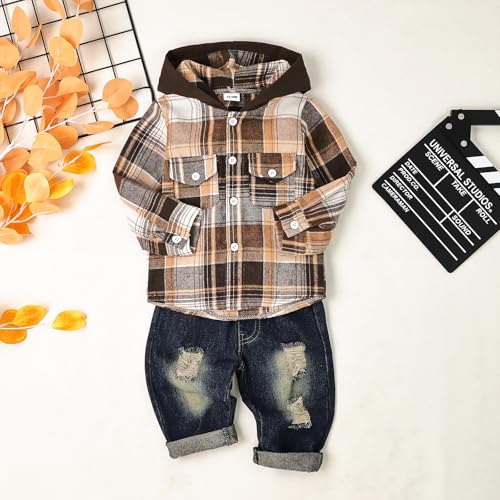 Image of Toddler Baby Boy Fall Winter Clothes Long Sleeve Plaid Hooded Sweatshirt Ripped Holes Jeans Set 1-5 Years Old