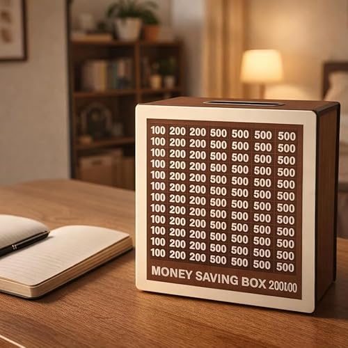 Image of Premium Wooden Money Bank with Lock - Vintage Coin Saving Box for All Ages - Ideal for Cash, Coins, Donations & Home Decor (2 LAKH Money BOX2, 2, Count)