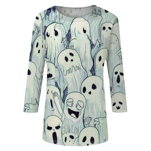 Image of Women Spooky Halloween Graphic Shirt 3 /4 Length Sleeve Crewneck Top | Halloween Funny Printed Pumpkin Plus Size Tshirts 2026 Fall Outfits Skeleton Tee Going Out Tops