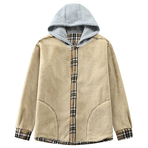 Image of Men's Cotton Plaid Shirt Jacket Fleece Flannel Sherpa Button Down