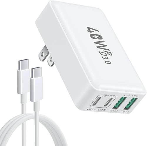 OKRAY Cargador de pared USB-C plano con cable USB-C, delgado de 40 W, 4 puertos QC+PD3.0, bloque de carga rápida, enchufe plegable, multipuerto tipo