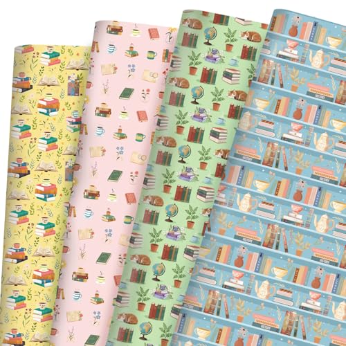 Papier cadeau Liobelon motif chat et bibliothèque rétro pour passionnés de lecture et design