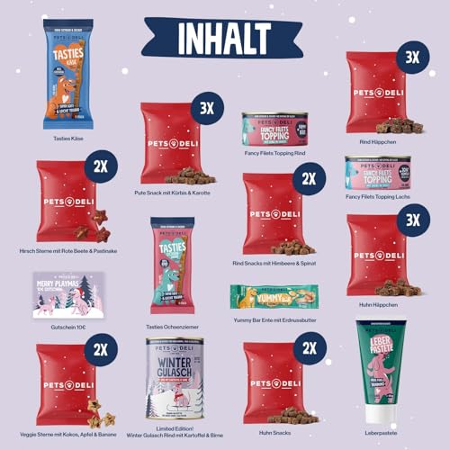 Pets Deli Adventskalender 2025 für Hunde, 24 Türchen mit Snacks, Nassfutter & Gutschein, 1280 g