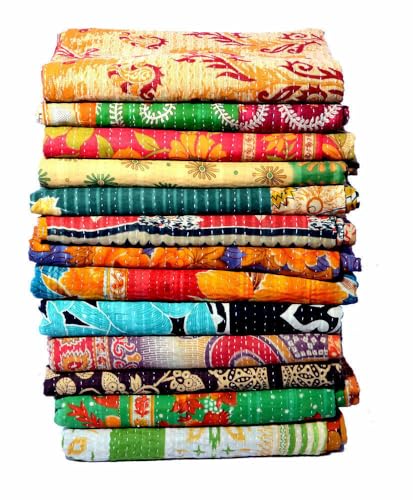 Shivanifashions Indian Handmade Vintage Kantha Quilts Tribal Kantha Cotton Bed Cover Throw Assorted Patches Made Rally Reversible Bedspread Throw Cotton Sari Patches Blanket(1Pcs)