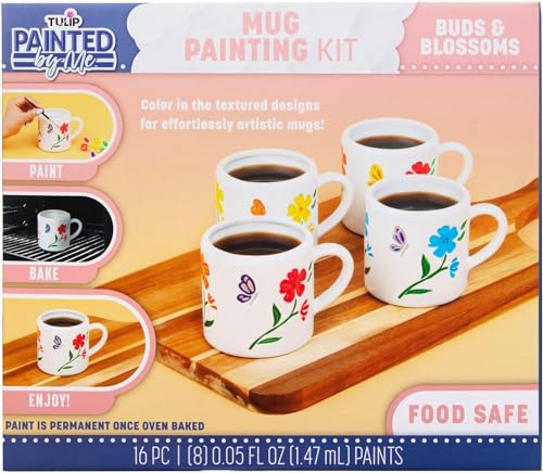 Tulip Painted by Me Ceramic Painting Kit – 4 Paintable Flower Mugs, 8 Food Safe Colors & 4 Brushes, Dishwasher Safe, Paint Your Own Ceramics at Home