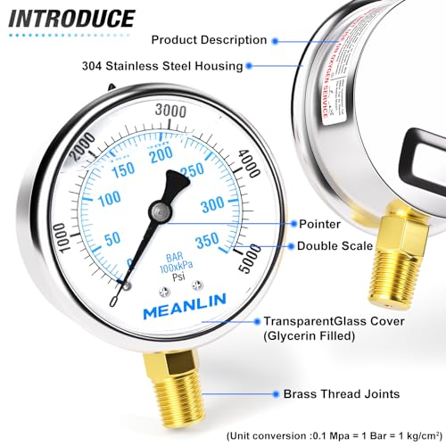 Image of MEANLIN MEASURE 0~5000Psi Liquid Filled Pressure Gauge 1 /4 inch NPT 2.5 inch FACE DIAL Stainless Steel Glycerin Filled WOG Water Oil Air Lower Mount (with 2PCS Snaps)