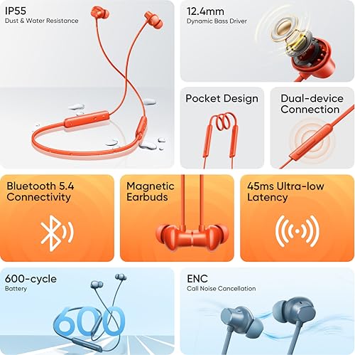 Image of realme Buds Wireless 5 Lite in Ear Bluetooth Neckband with 12.4 mm Dynamic Bass Boost Driver,Upto 35 Hours Playback,45ms Low Latency,IP55 Dust & Water Resistant, Bluetooth V5.4 (Void Black)