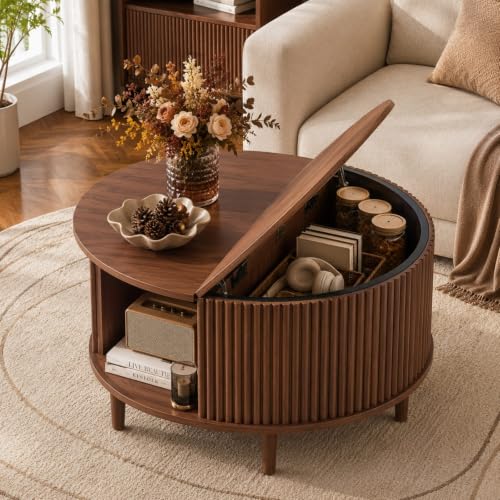 Image of WLIVE 31.5 inch Round Coffee Table with Storage, Walnut Brown | with Sliding Cabinet Door, Mid Century Modern Fluted Center Table for Living Room, Small Space. 31.5 inch Dia. x 17.5 inchH