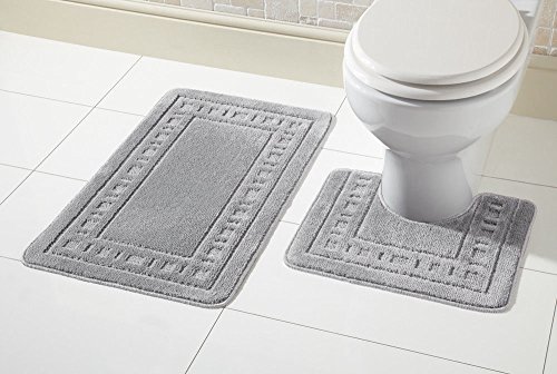 Olivia Rocco Luxus Miami, 2 Sets mit Matte und Wasser rutschfest saugfähig Badezimmer-Teppich, silber, Bath Mat (50 x 80cms) , Pedestal Mat (50 x 40cms) Cover